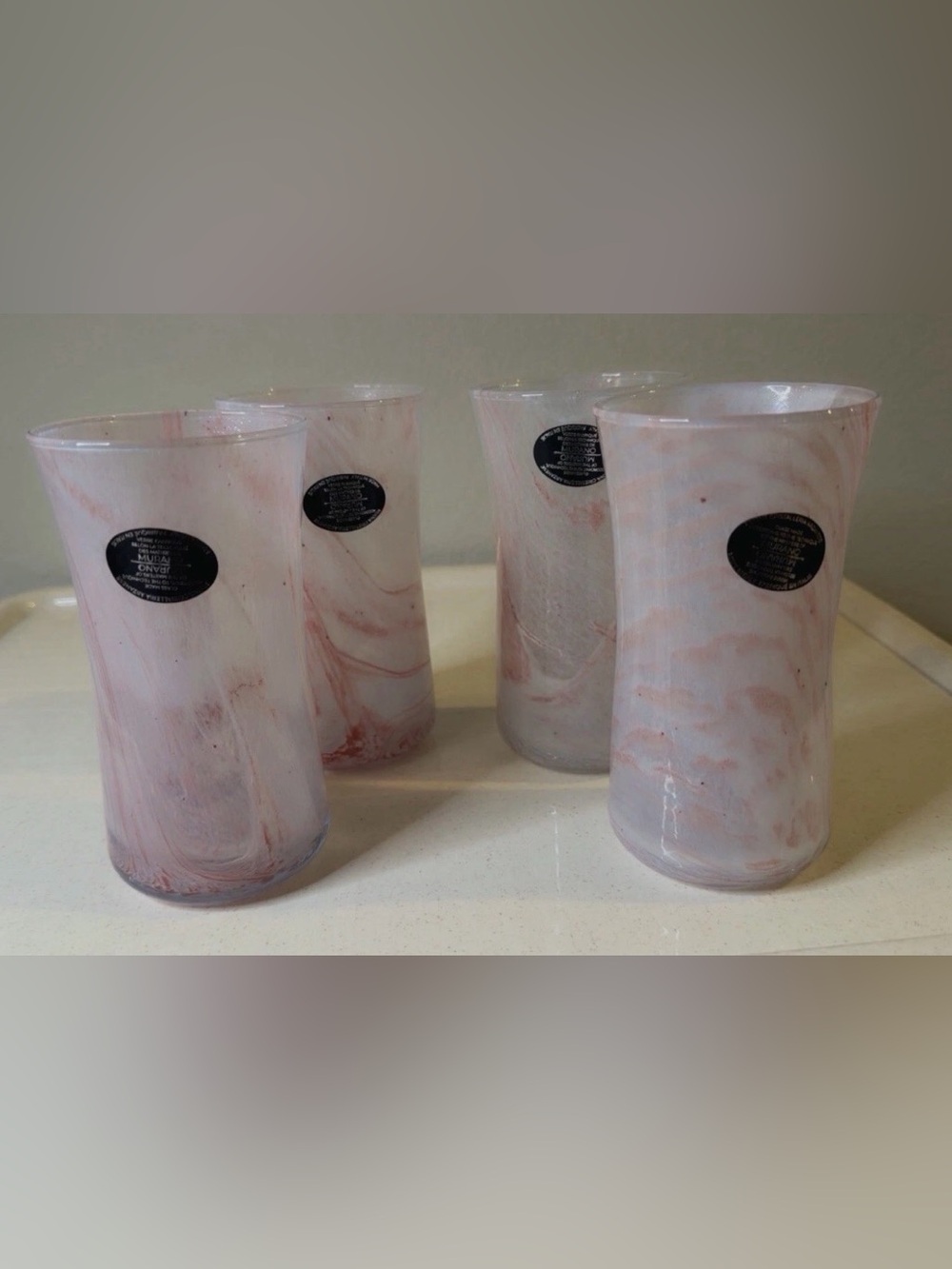 Murano Nuova Cristalleria Arzanese Pink Drinking Glasses 4 Hand Blown Italy NEW